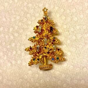 Y2K Vintage Signed Original by Robert Gold Tone Christmas Tree Brooch Rhinestone